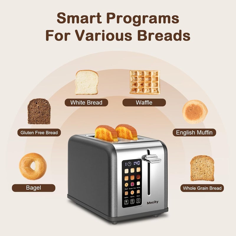 Mecity 2 Slice Touch Screen Toaster, 1.5" Wide Slot, Stainless Steel Smart Toaster for Bagels, Muffins, Waffles, Gluten-Free Breads, Defrost, Reheat, Timer, 120V 825W, Grey Pearl - Image 3